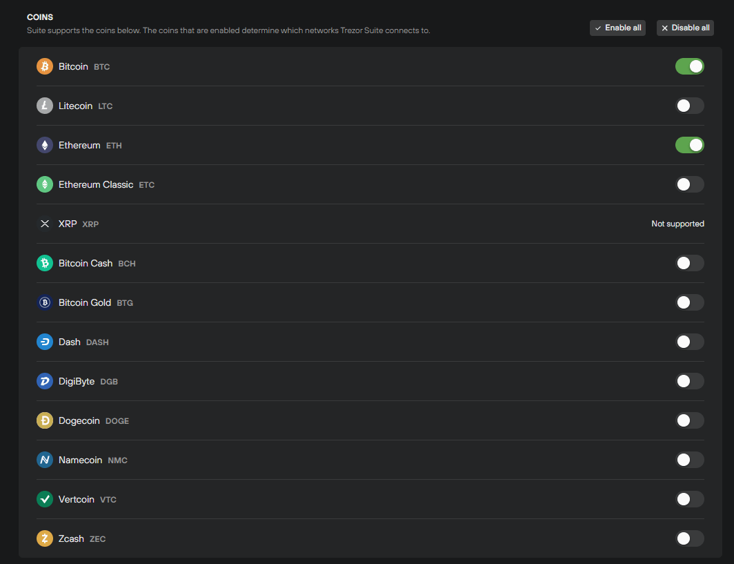 Coins that can be stored with Trezor